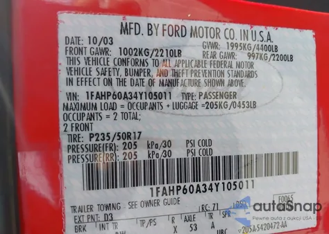 2004 Ford Thunderbird from USA, damaged, VIN 1FAHP60A34Y105011